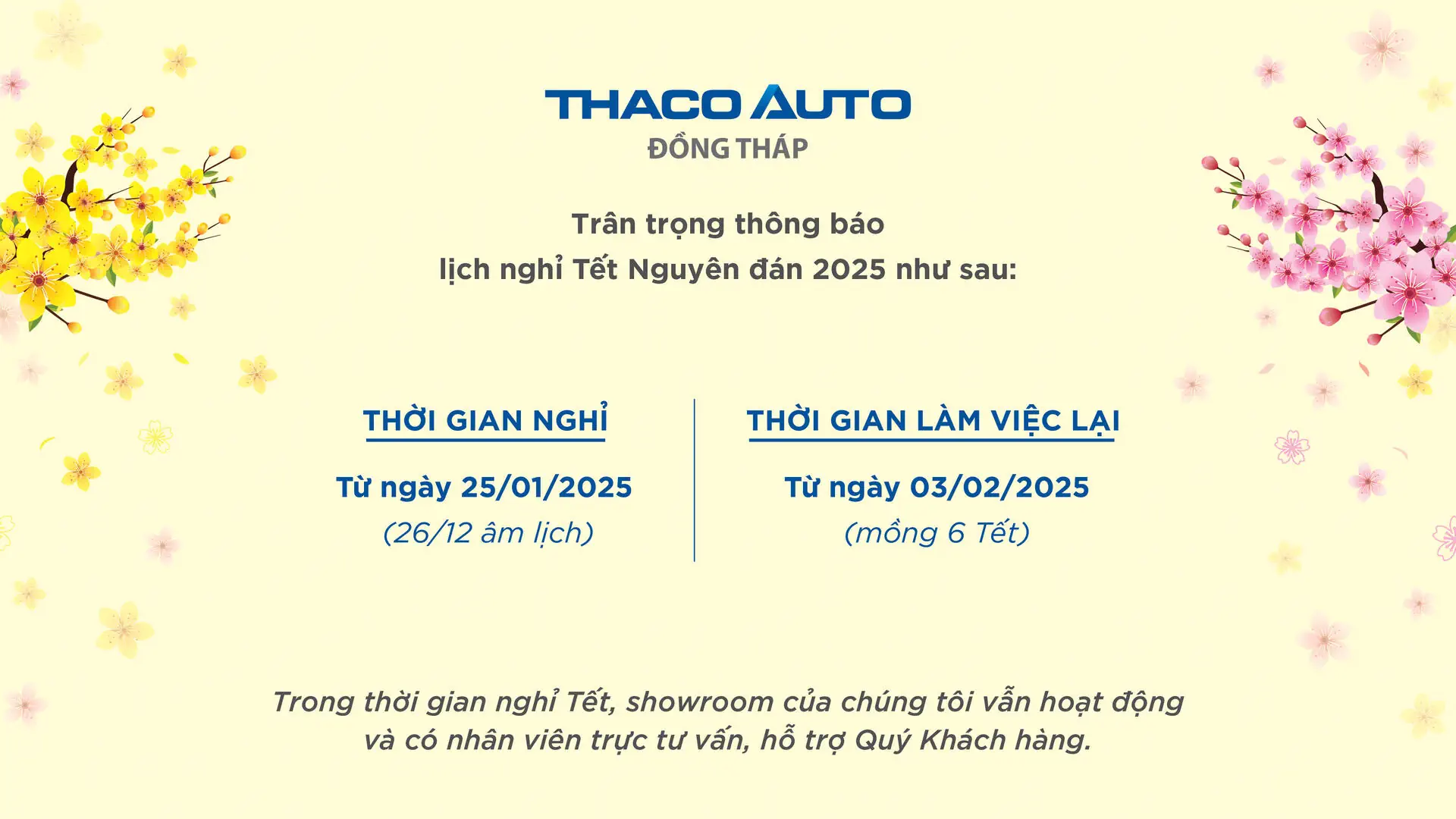 THACO AUTO Đồng Tháp trân trọng thông báo lịch nghỉ Tết Nguyên đán 2025