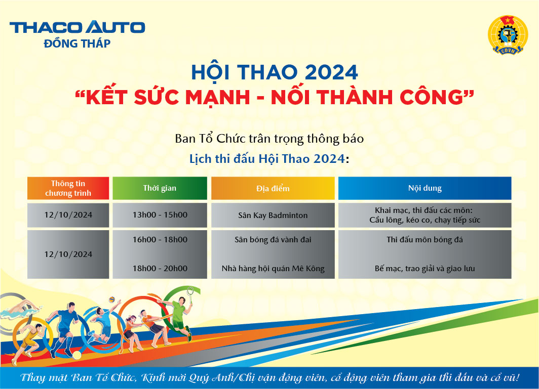 Lịch thi đấu Hội thao “Kết sức mạnh - Nối thành công” năm 2024 tại THACO AUTO Đồng Tháp